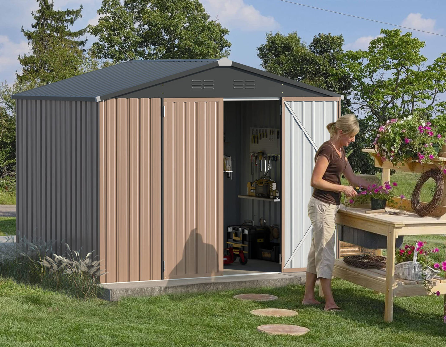 AECOJOY 6x8 FT Galvanized Steel Outdoor Storage Shed, Small Metal Garden Tool Shed with Sloped Roof & Lockable Double Hingled Doors,Gray