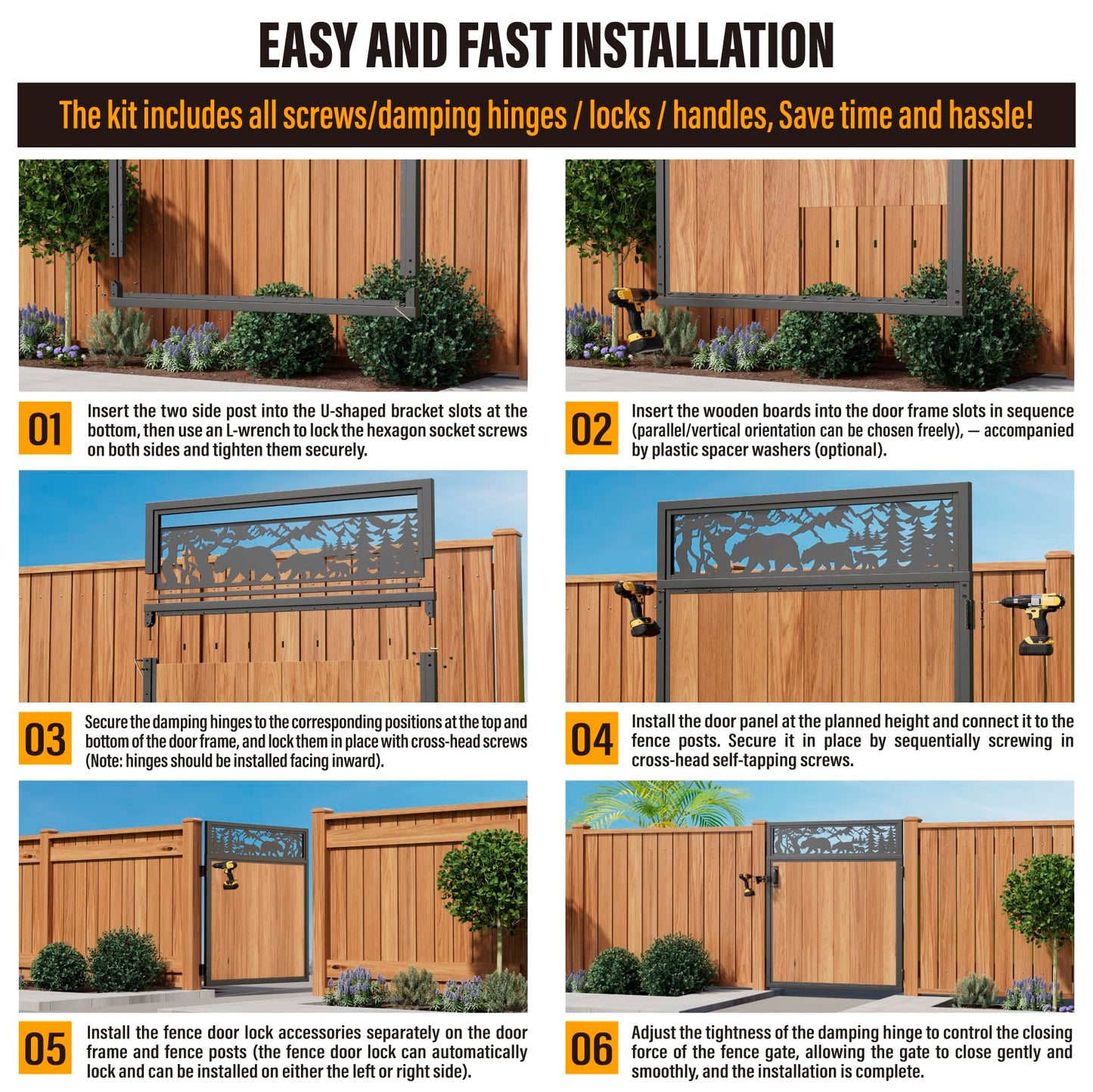 WOWACE 4x5FT Fence Gate Frame Kit 201 Stainless Steel Heavy Duty Garden Gates Anti-Sag Backyard Front Gate Reinforcement Hardware, Left/Right Mount (No Wood Planks Included)