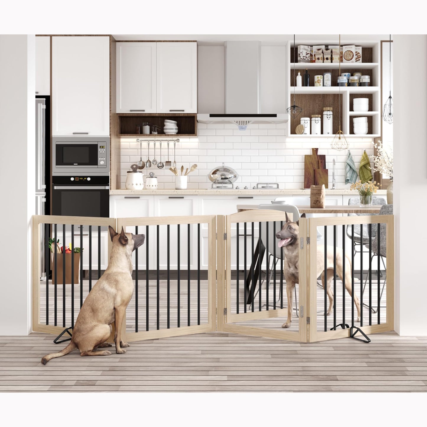 Vantas Folding Pet Gate 96" Wide, 30" Tall No-Assembly Wooden Dog Gate with Door Walk Through, Freestanding Puppy Safety Fence, with 2PCS Support - Natural White