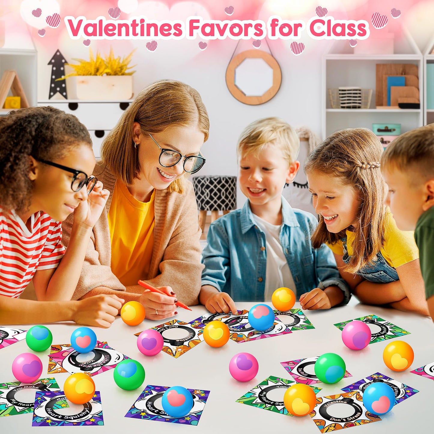 Valentines Day Cards for Kids School, 24 Pack Heart Stress Balls Valentine Day Gifts for Boys Girls, Squeeze Toys for Valentine Party Favor, Ideal Valentines Gifts for Classroom Exchange Prize