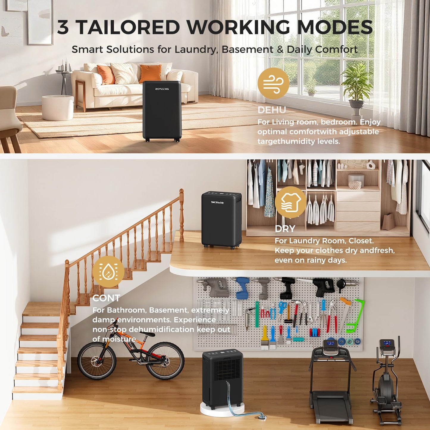 Bicepos 2000 Sq.Ft Dehumidifier for Basement, 30 Pints Dehumidifiers for Home with Drain Hose, 3 Mode, Auto Defrost, Intelligent Humidity Control for Bathroom, Bedroom, Large Room, Laundry, RV, Office