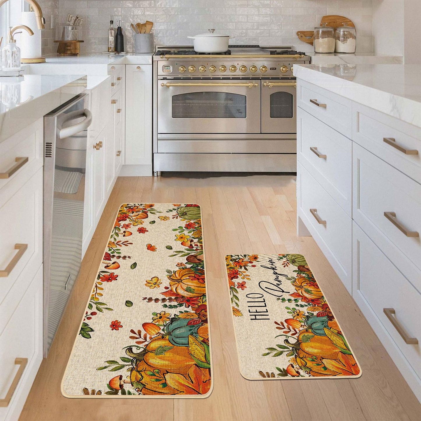 Baccessor Fall Pumpkins Kitchen Rugs Set of 2,Thanksgiving Autumn Pumpkins Floral Leaves Low-Profile Non Slip Absorbent Kitchen Mats for Floor Farmhouse Home Decor 17x29 and 17x47 Inch