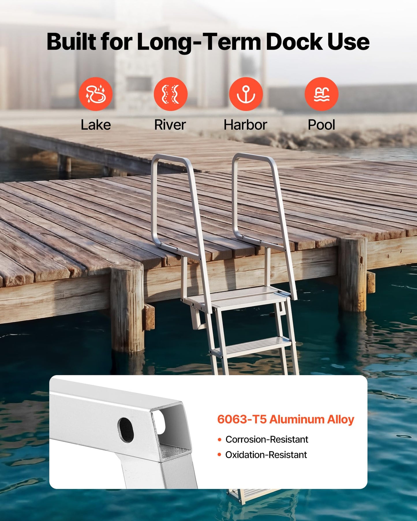 VEVOR Flip-Up Dock Ladder, 5-Step, Heavy-Duty Aluminum Alloy Pontoon Boat Swim Ladder, with Non-Slip Wide Steps, 350 lbs Weight Capacity, Pull Rope Assist, Comfort Use for Lake Pool Marine Boarding