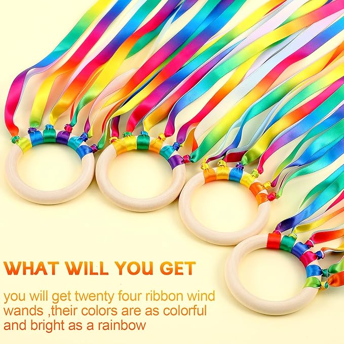 Junkin Ribbon Rings Hand Kite Waldorf Toys Dancing Wrist Ribbons Rainbow Streamers with Wood Ring Sensory Learning Educational Toy for Playroom Dancing Birthday Party Gift(Gradient,24 Pcs)
