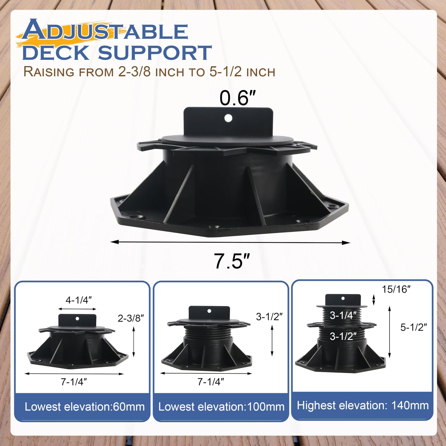 Goldshire 10 Pack Adjustable Deck Support Pedestal, Plastic Adjustable Deck Foundation Base, Support for Floating Deck Platform Deck Floor Height Adjustment Raising from 2-3/8" to 5-1/2"