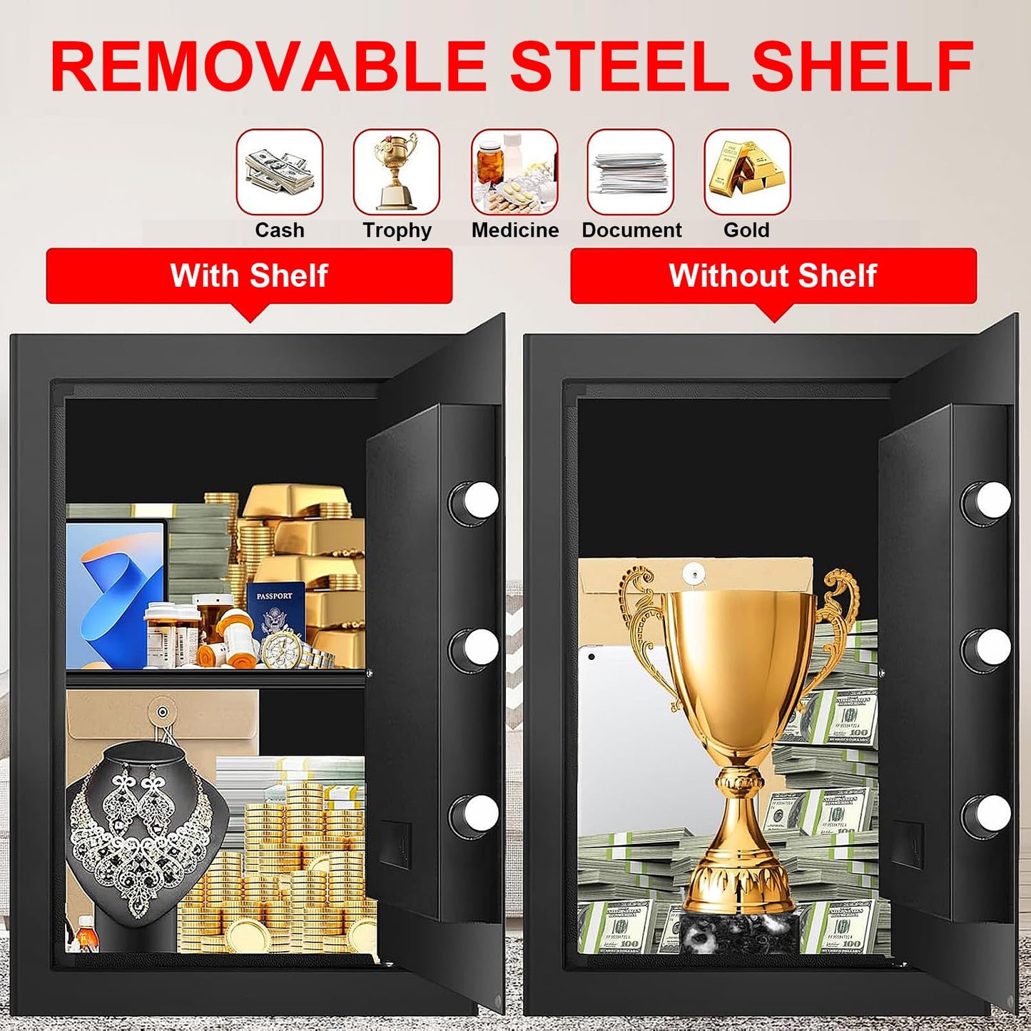 3.3 Cuft Large Home Safes Water and Fireproof, Anti-theft Floor Safe for Home Use with Programmable Keypad, Alarm System and Spare Keys, Digital Home Safe Box for Valuables, Medicine
