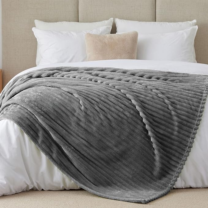 BEDELITE Blankets Queen Size for Bed, 300GSM Soft & Warm Fleece Blanket, Decorative and Giftable Striped Grey Blankets for Women, Men, 90"x90"