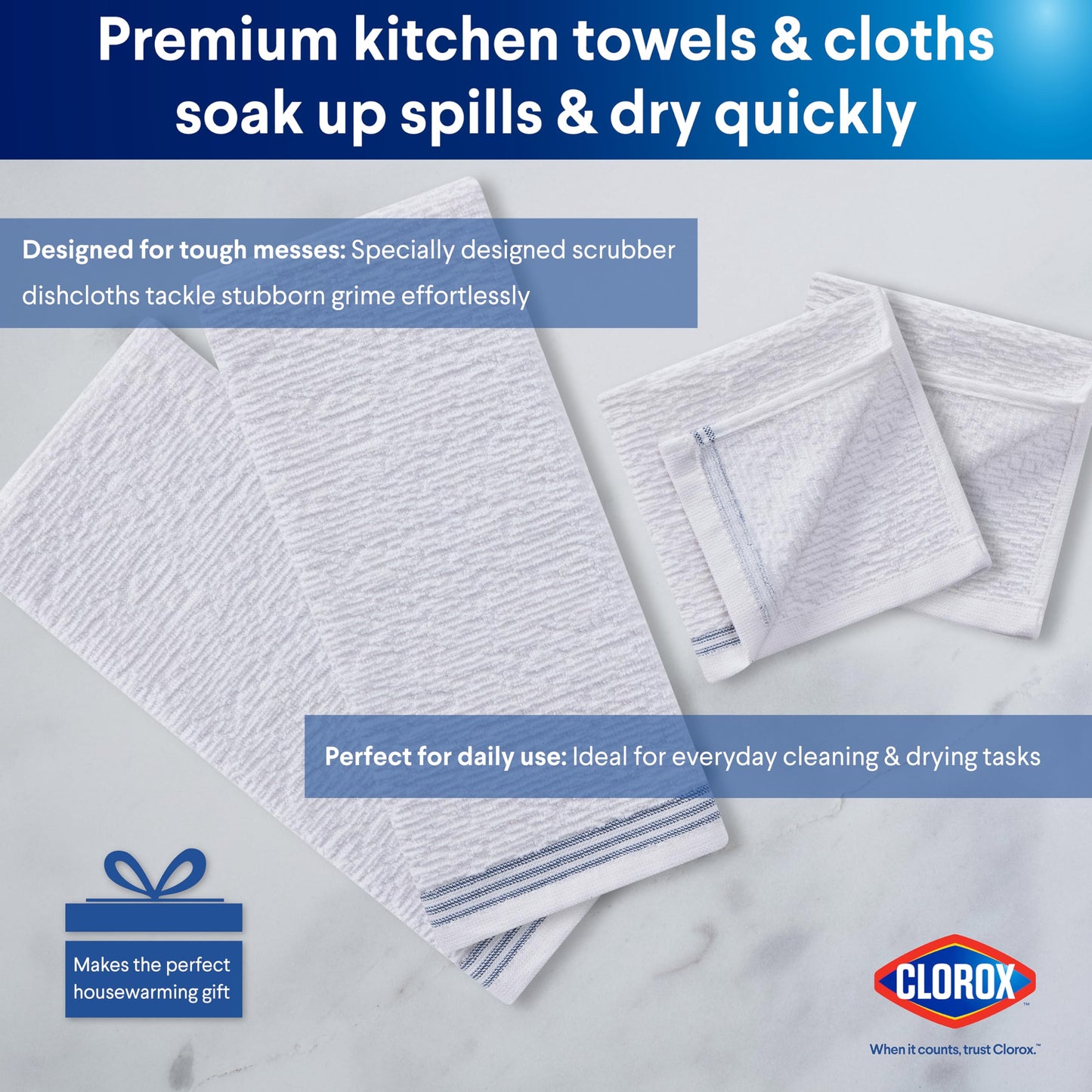 Clorox Premium Kitchen Set - Perfect for Home Cleaning & Handling Dishes - 2 Cotton Kitchen Towels, 2 Cotton Dishcloths, Mini Oven Mitt, Dish Drying Mat, 2 Scrubber Dishcloths - 8 Pc Set