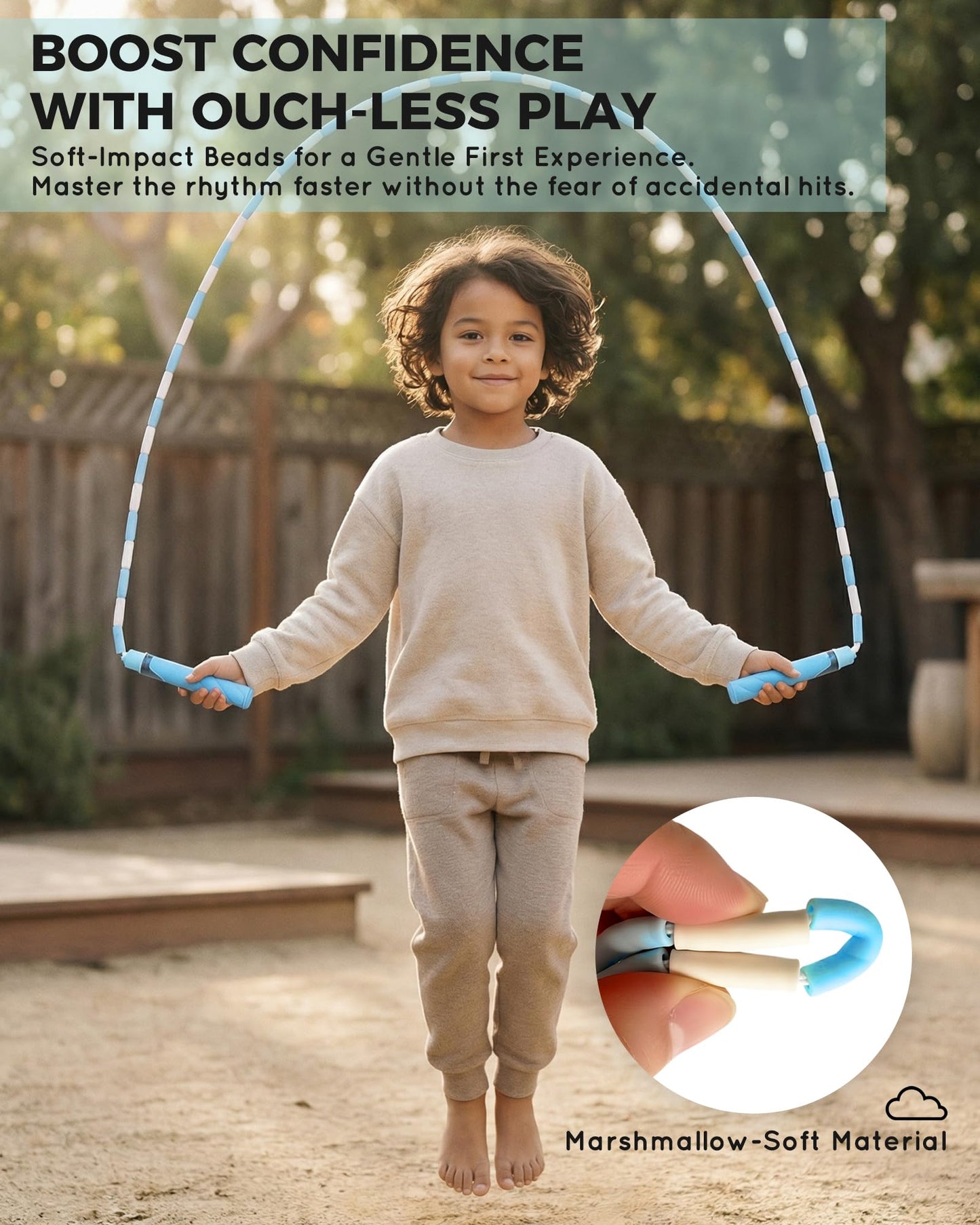 YUEDONG Adjustable ULTRA-SOFT Beaded Jump Rope for Kids Beginners - Tangle-Free Skipping Rope with Marshmallow-Soft TPU Beads, Ergonomic Thumb Groove Anti-Slip Handles, Crisp Rhythmic Click Sound & Waterproof Name Tag Sticker for Safe Fun Exercise (1, PIN