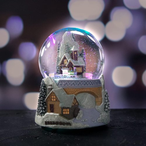 Castle Snowy House Snow Globe - Color Changing Lighting & Revolving Train | Winter Wonderland Decor