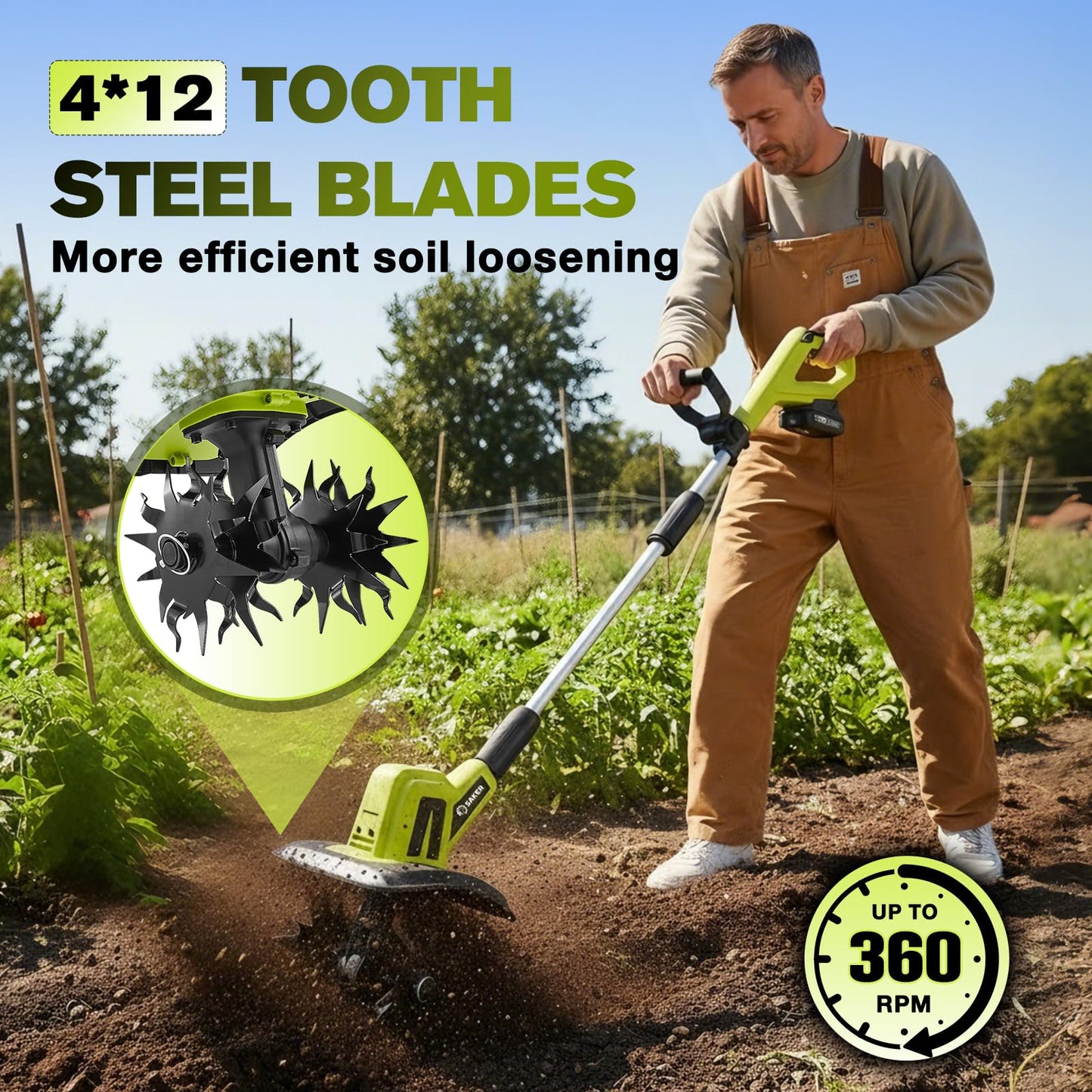 Saker 22V Cordless Electric Garden Tiller Cultivator, Lightweight Rototiller for Gardening, 9-Inch Tilling Width, 6.3-Inch Depth for Soil Preparation, Weeding, and Gardening 2 Batteries SK-TC18B