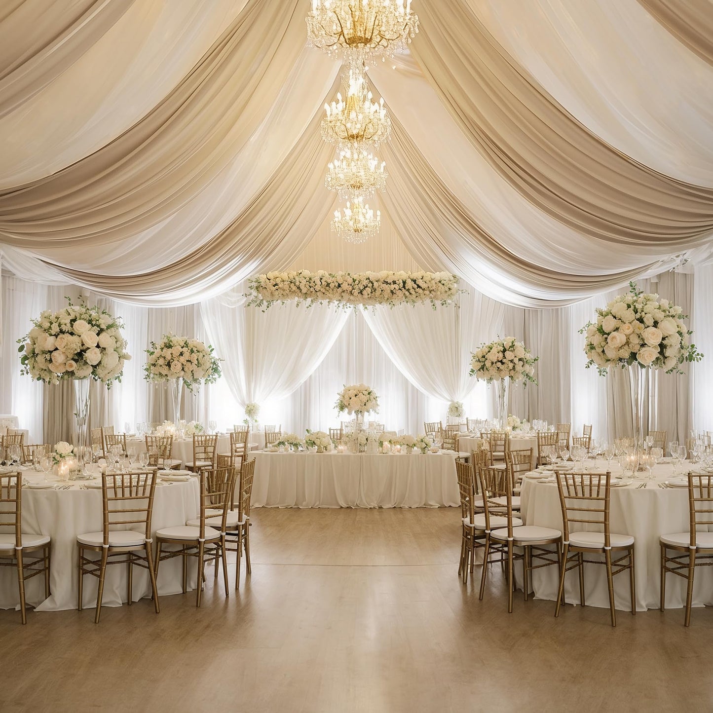 Htper 10 Panels 5x20ft Beige Ceiling Drapes for Wedding Parties, Wrinkle Free Thick Polyester 20ft Extra Long Wedding Draping Beige Ceiling Curtains Arch Drapery for Birthday Party Canopy Tent Decor