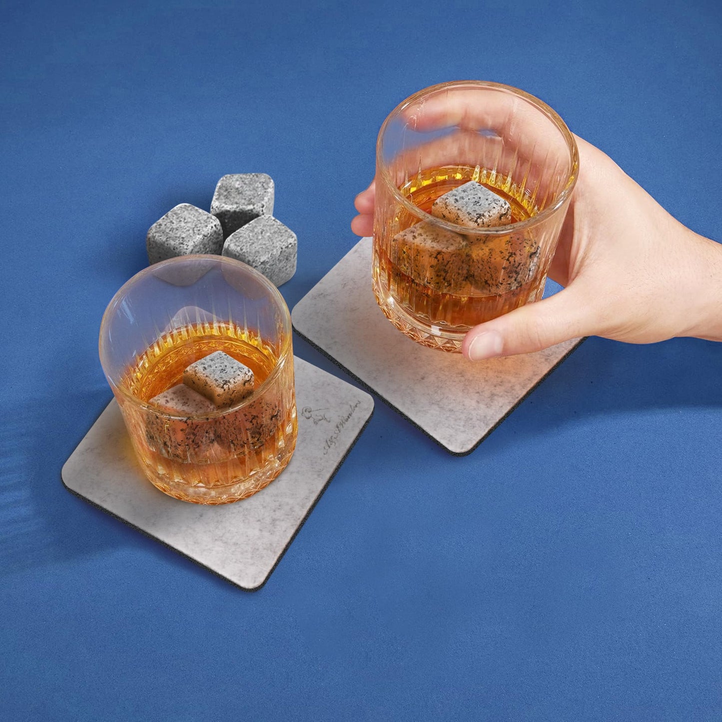 A&A Wonders Premium Whiskey Stones 100% Natural Granite Set of 9 Chilling Rocks Stone Reusable Ice Cubes for Drinks with Velvet Carrying Pouch, Gift for Whiskey Lovers (9 Cubes)
