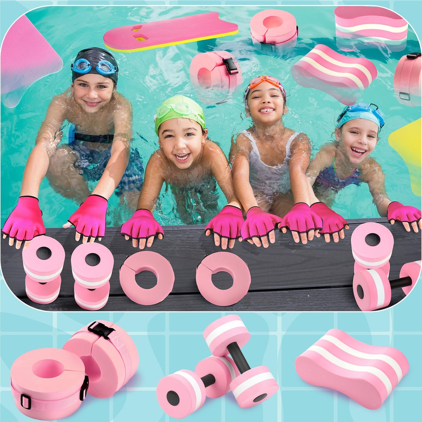 Sonwyoung 8 Pcs Water Aerobics Set Including Exercise Foam Dumbbells Aquatic Swim Belt Pull Buoy Swim Kickboard Sport Gloves Water Weights Equipment for Aquatic Fitness Weight Loss Fitness Tool (Pink)