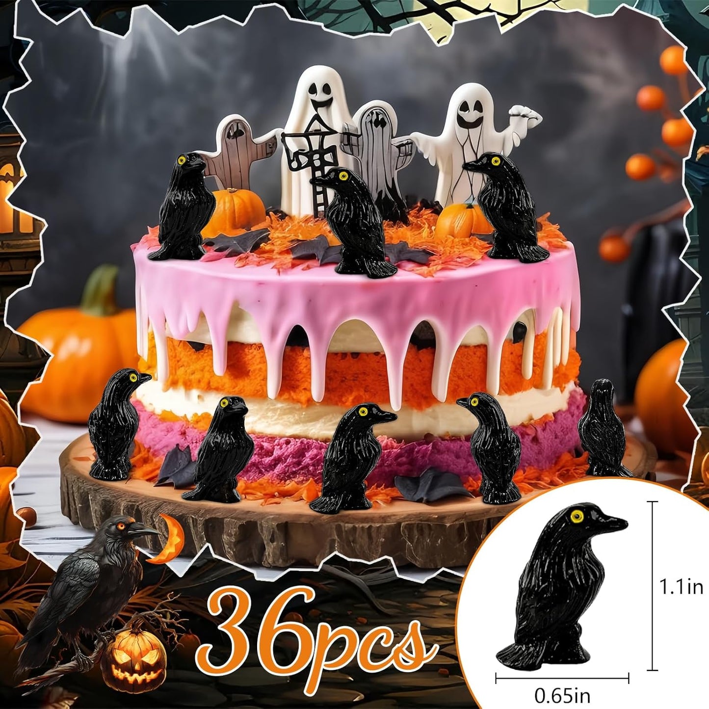 Skiennix Miniature Crows Figures - 36pcs Tiny Black Raven Figurines for Halloween Decor & Cupcake Toppers