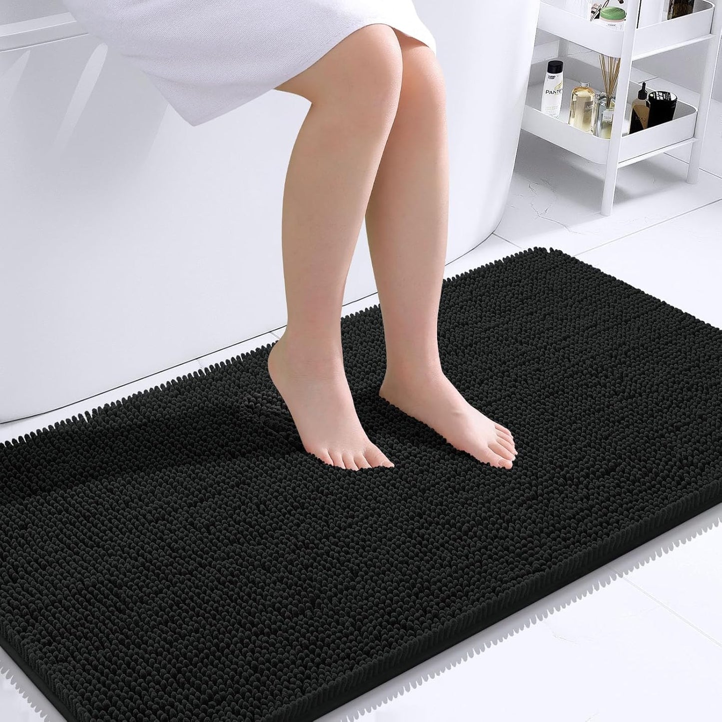 OLANLY Bathroom Runner Rugs - Extra Soft Chenille Bath Mats | Quick Dry, Machine Washable, 44x24 Inches - Black
