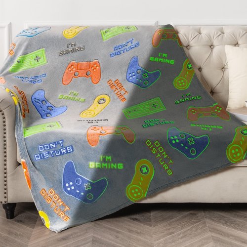Glow in The Dark Gamer Gaming Blanket Gifts Toys for Kids Boys 1-14 Years Old Birthday Christmas Easter Gift Toddler Teens Boyfriends Game Controller Presents Throw Game Room Decor Grey 50"x 60"