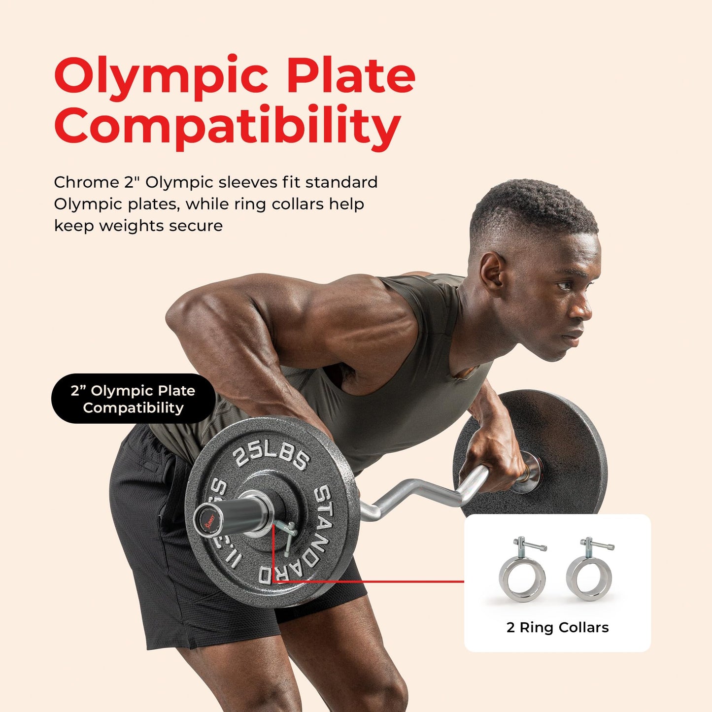 Sunny Health & Fitness 47" Olympic EZ Curl Bar, Chrome Finish, 2" Olympic Sleeves, Bearing & Bushing Rotation, Hill Knurling, Ring Collars, 300 LB Capacity - SF-OB03-47