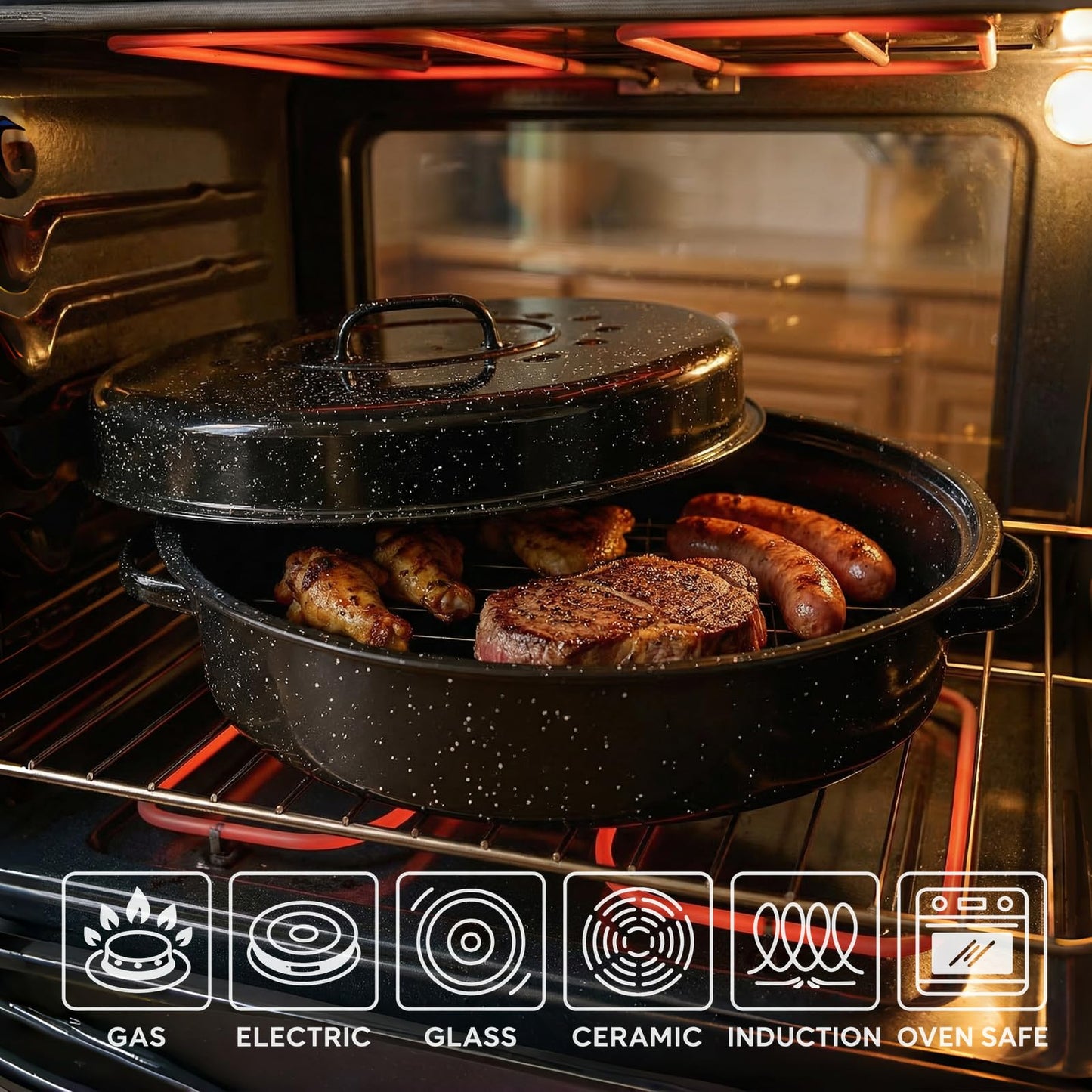 Turkey Roaster Pan 18in Roasting Pan With Lid Enamel Carbon Steel Roaster Pot with 16in Inner Diameter,18 Pound Large Capacity High Temperature Resistance Oval Cookware