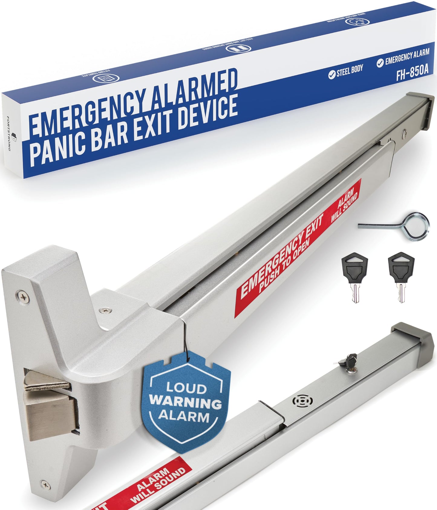FORTSTRONG Commercial Door Push Bar Panic Exit Device with Alarm - Panic Bars for exit Doors - Loud Warning Strike Bar with Warning Stickers - FS-850A Instructions Included