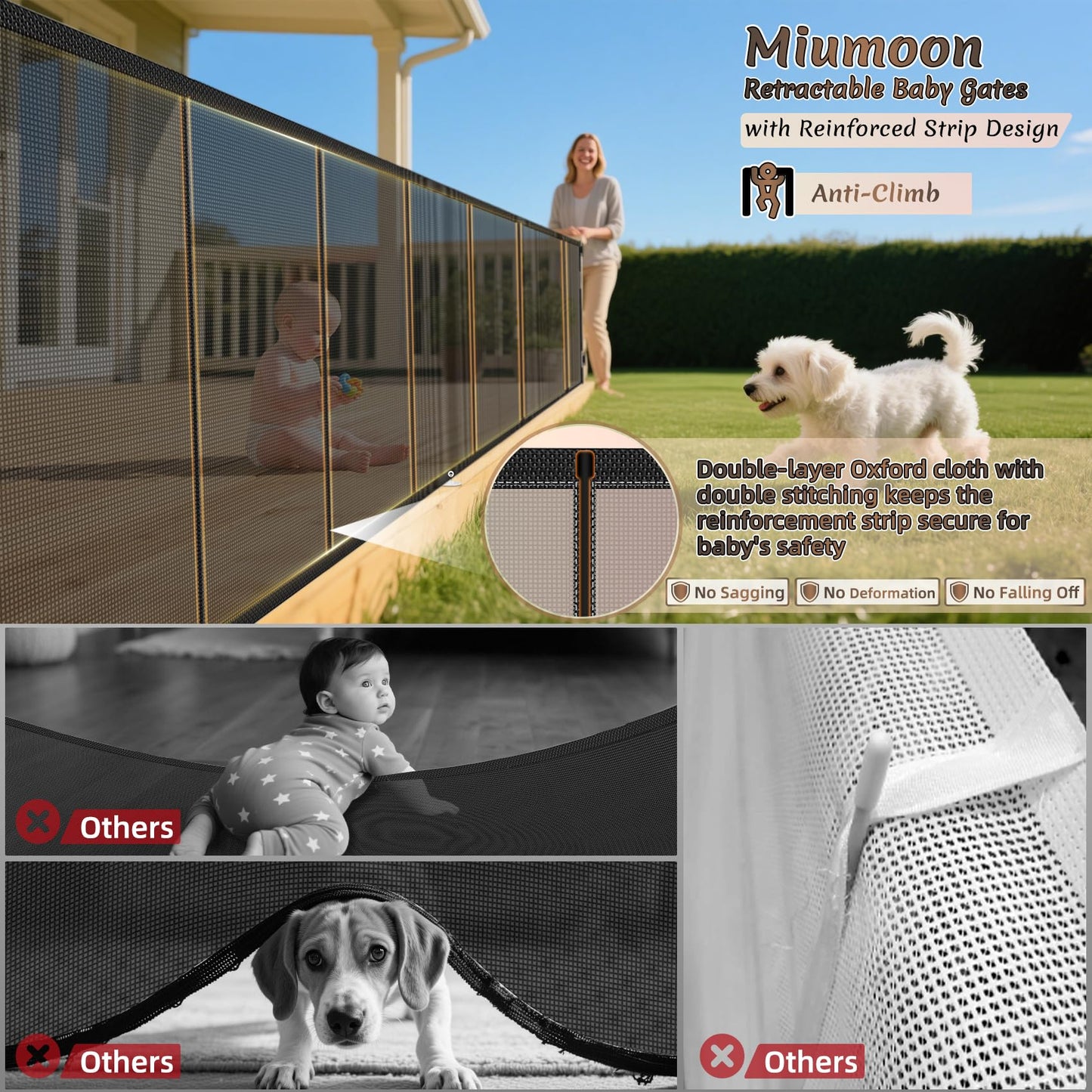 Miumoon 200 inch Retractable Baby Gates 42 inch Tall, Retractable Gate with Reinforced Strip Design to Prevent Crawling Through, 16 FT Outdoor Retractable Gates, Extra Wide Retractable Gate for Garage