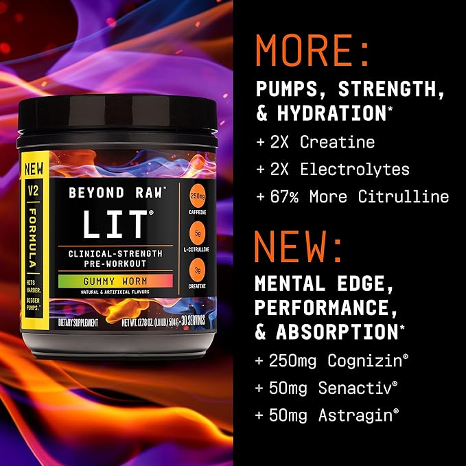 BEYOND RAW LIT V2 Clinical Strength Pre Workout Powder, Hits Harder, Bigger Pumps, Caffeine, L-Citrulline, Creatine, Gummy Worm, 30 Servings