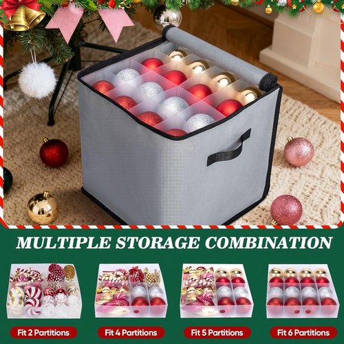 BALEINE Christmas Ornament Storage Box - Premium Holiday Container with Dividers for 64 Balls | Grey Soft Design