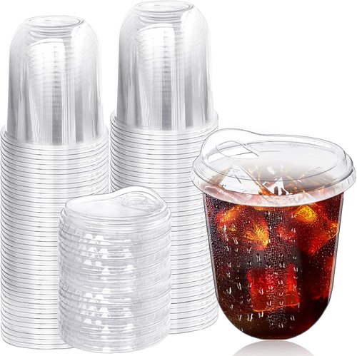 Alaeseje 12 oz Clear Plastic Cups - 50 Pack with Strawless Sip Lids for Iced Coffee & Smoothies
