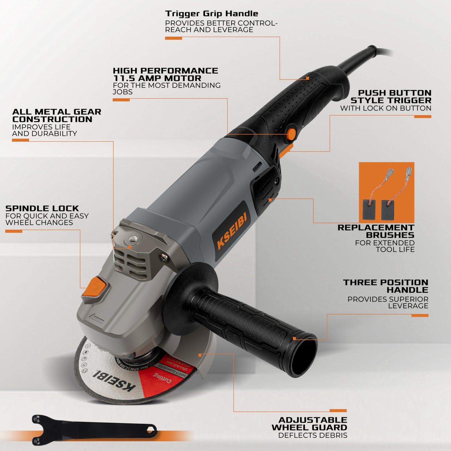 KSEIBI Concrete Angle Grinder Machine 5-Inch, Metal Grinding Tools 11.5Amps (1400 watt) with Safety Guard, Diamond Cup Wheel, Dust Shroud, and Carry Bag