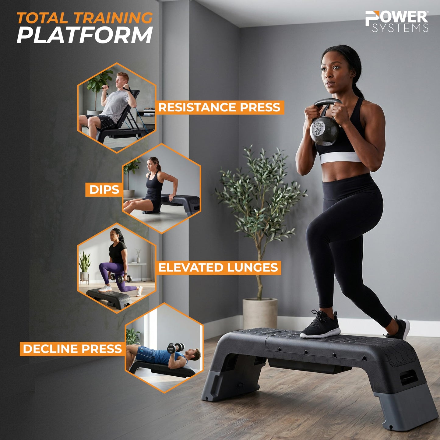 Power Systems Step Bench & Weight Bench | Aerobic Platform & Plyo Box for Cardio, Strength | Commercial Grade Full Body Home Gym Stepper | Adjustable Multifunctional Deck & Resistance Band Clips