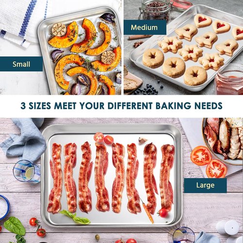 E-far Stainless Steel Baking Sheet Set - 3 Sizes (12.4”/10.5”/9.4”) | Non-Toxic, Dishwasher Safe Cookie Trays