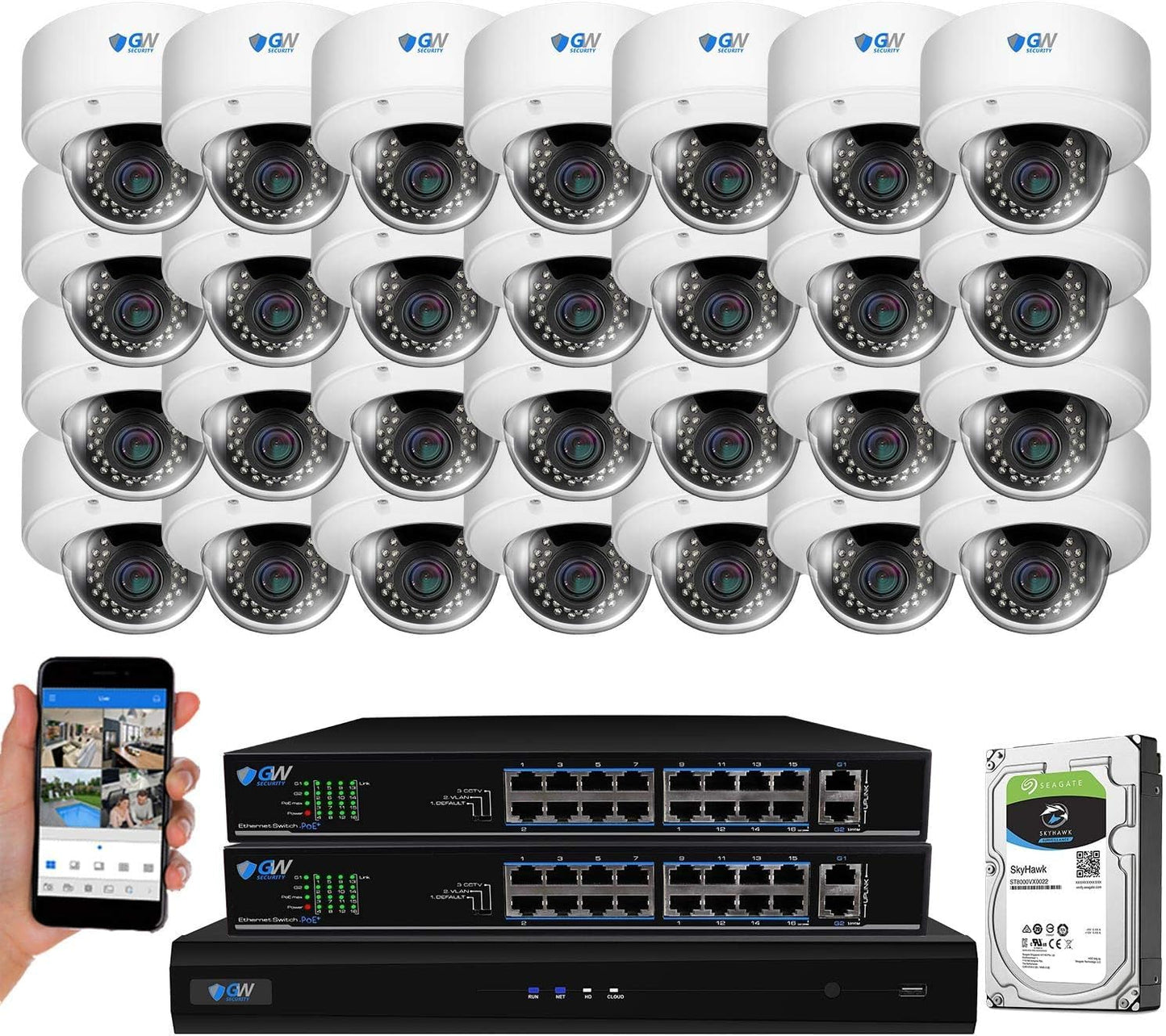 GW Security 32 Channel 12MP NVR AI Face Recognition AcuSearch Outdoor Indoor Security Camera System - 32 x Dome 5MP 1920P Waterproof 2.8-12mm Varifocal Zoom Microphone IP PoE Cameras, 8TB Hard Drive