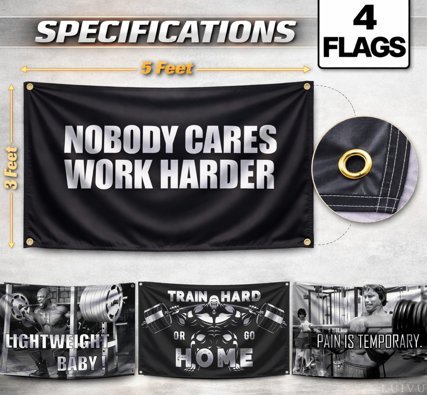 Set of 4 Motivation Gym 3x5 Polyester Flags with Four Brass Grommets - Inspire Your Workout with Single Sided Banner - Home Gym Decor for Room Guys and Man - Stay Motivated with Cool Motivation Art
