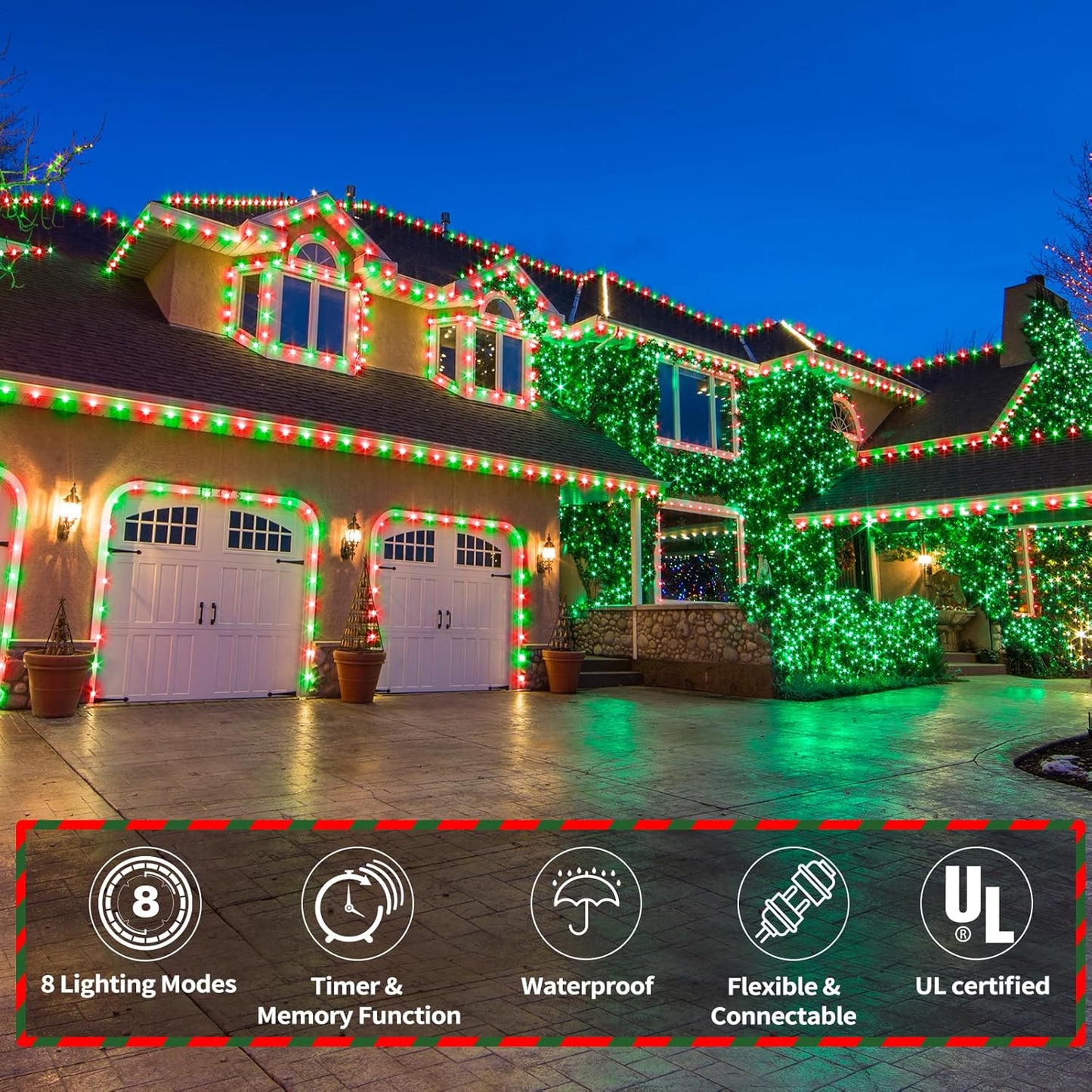 Skiennix 50ft LED Rope Lights - Waterproof Connectable Tube Lights with 8 Modes | Red & Green for Indoor/Outdoor Decor
