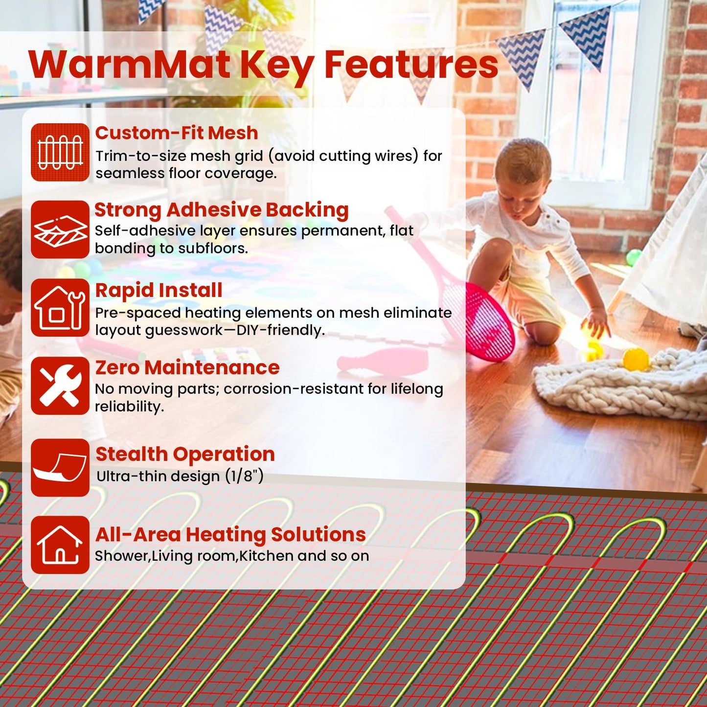 100 sqft HEATIT Warmmat Electric Radiant Self-adhesive Floor Heat Heating System & ET-72 Thermostat & Alarm Monitor