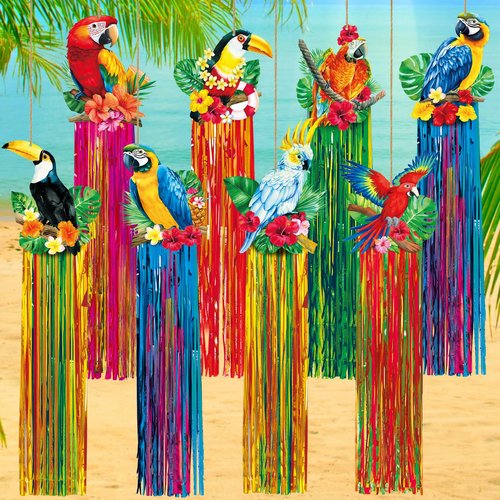 Affrolling 8 Pcs Tropical Birds Party Decoration Hawaiian Luau Tiki Jungle Theme Hanging Outdoor Decor with Tassels for Birthday Party Supplies 3.3 ft Summer Bird Toucan Leaf Garland Door Banner Sign