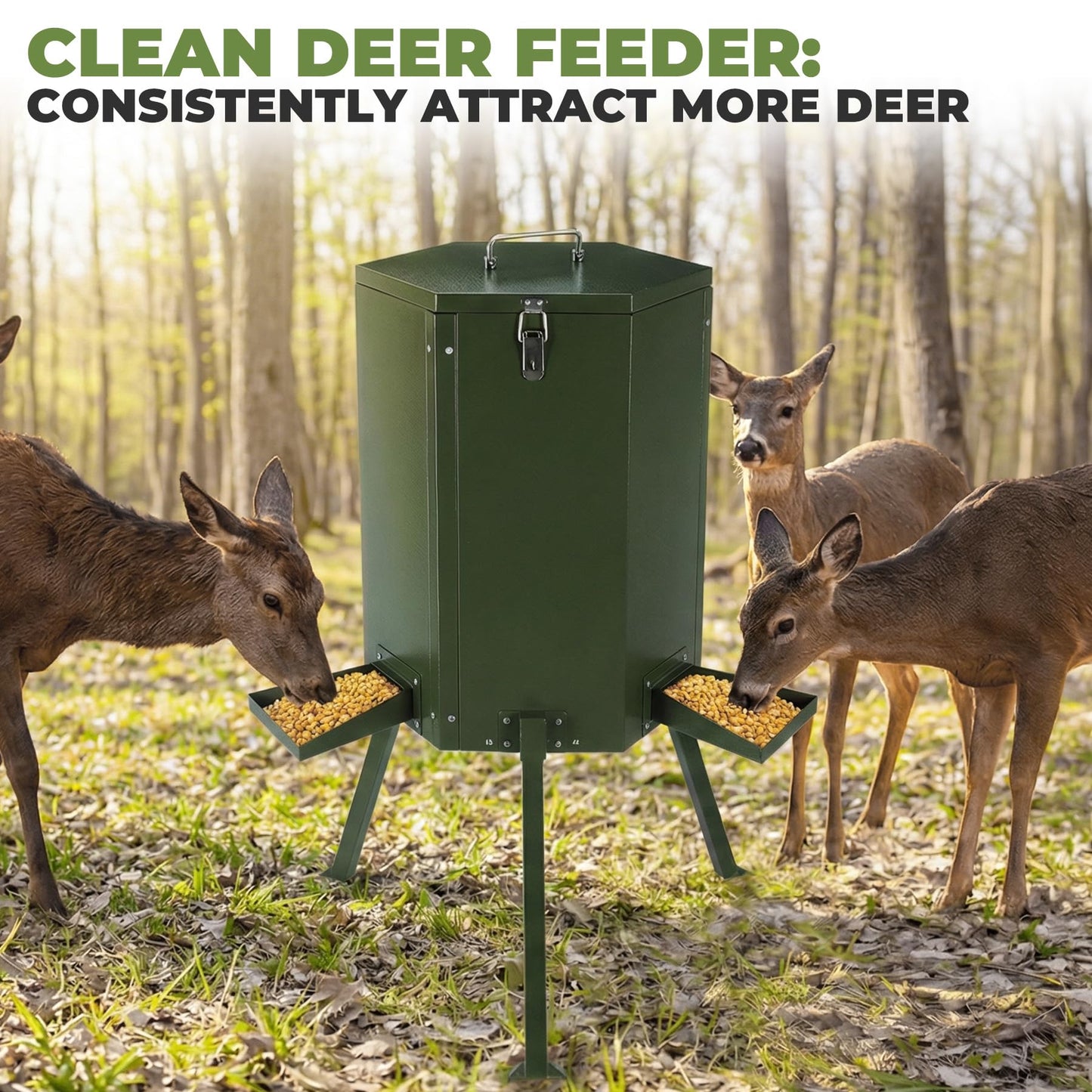 AELIVET Automatic Deer Feeder 50–75 LB,Gravity Deer Feeder with Lid & Lock,with Feeding Tray and 3-Leg Stand, Weatherproof Outdoor for Hunting,Farm,Wildlife Feeding