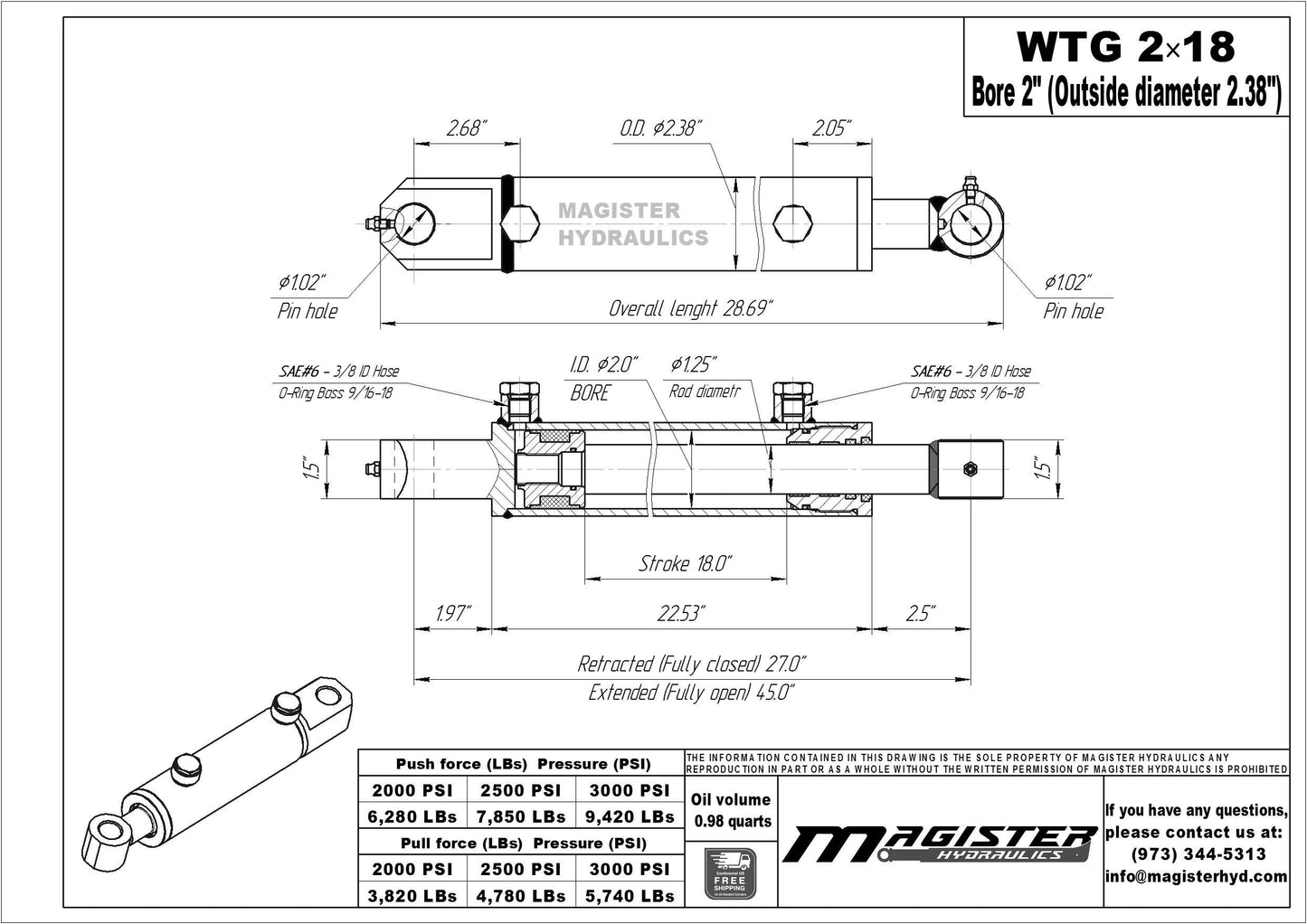 Magister Hydraulics Double Acting Hydraulic Cylinder - Tang Universal Hydraulic Cylinder 2" Bore, 18 inch Stroke Tang Style (2x18)