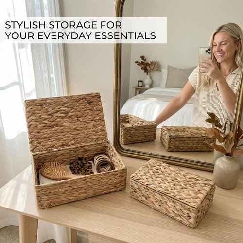 Decorative Storage Boxes - Set of 2 Stylish Wicker Organizer Bins for Home Decor | Safely Store Photos & Keepsakes