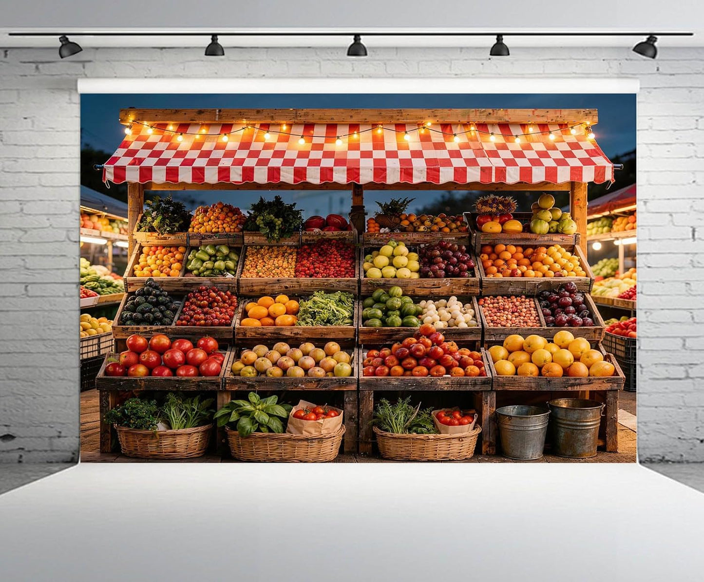 CHNYWORK 8x8ft Farmers Market Fruit Stall Photography Backdrop Red White Checkered Awning Fresh Produce Wooden Crates