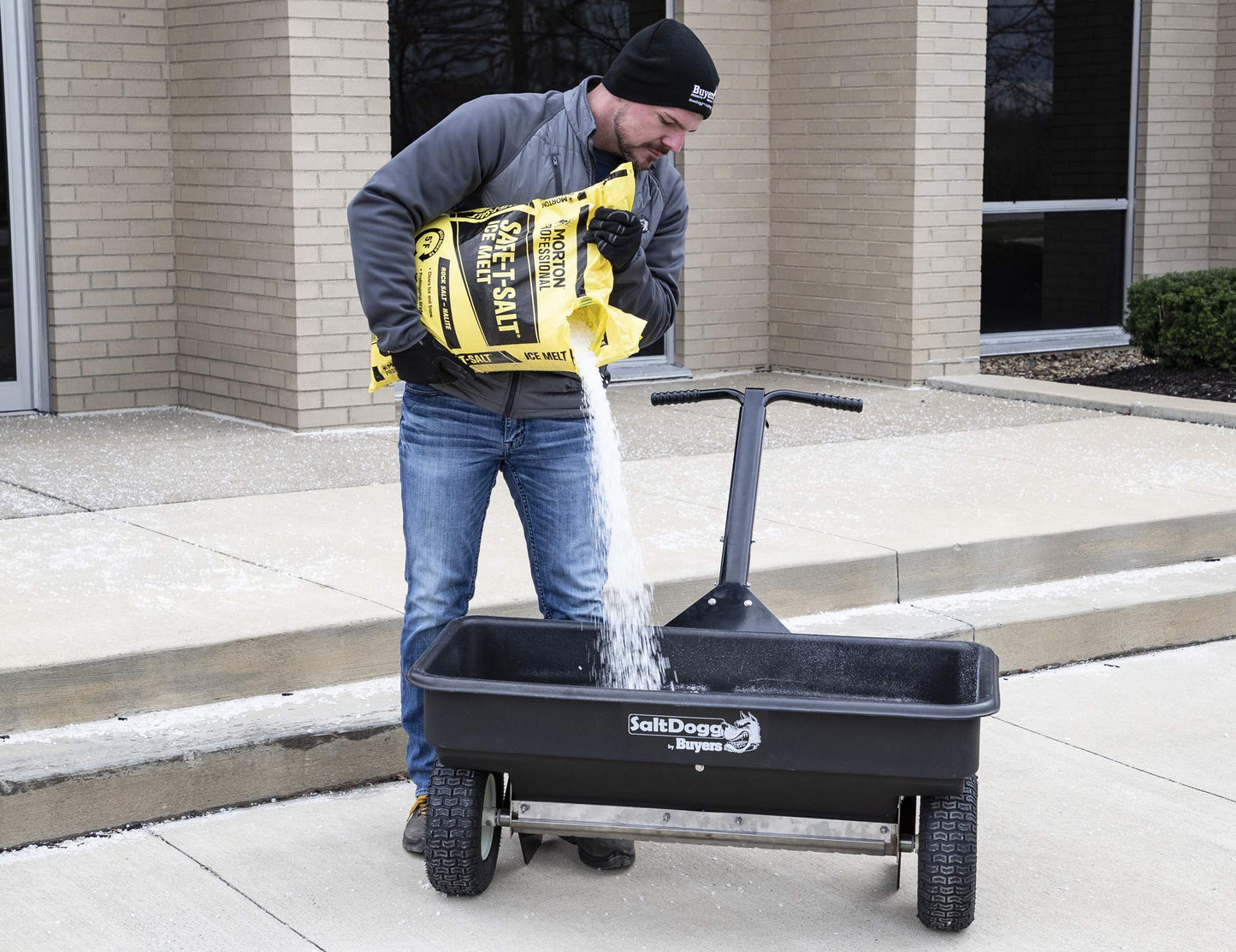 Buyers Products SaltDogg WB400 Walk Behind Drop Spreader, 2.5 cu ft Poly Hopper (200 lb), Stainless Frame/Agitator, 44 in Path, 13 in Pneumatic Tires, Rain Cover & Screen, Made in USA
