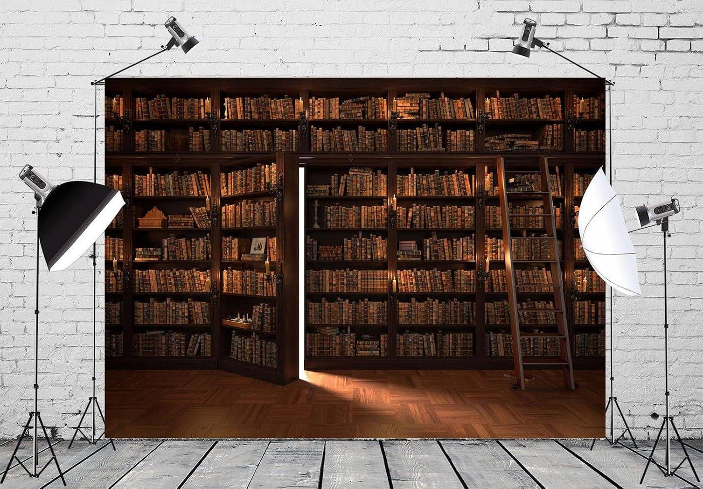 BELECO 5x3ft Fabric Mysterious Magic Library Backdrop Vintage Wooden Bookshelf Old Books Candles Stairs Book Stacks