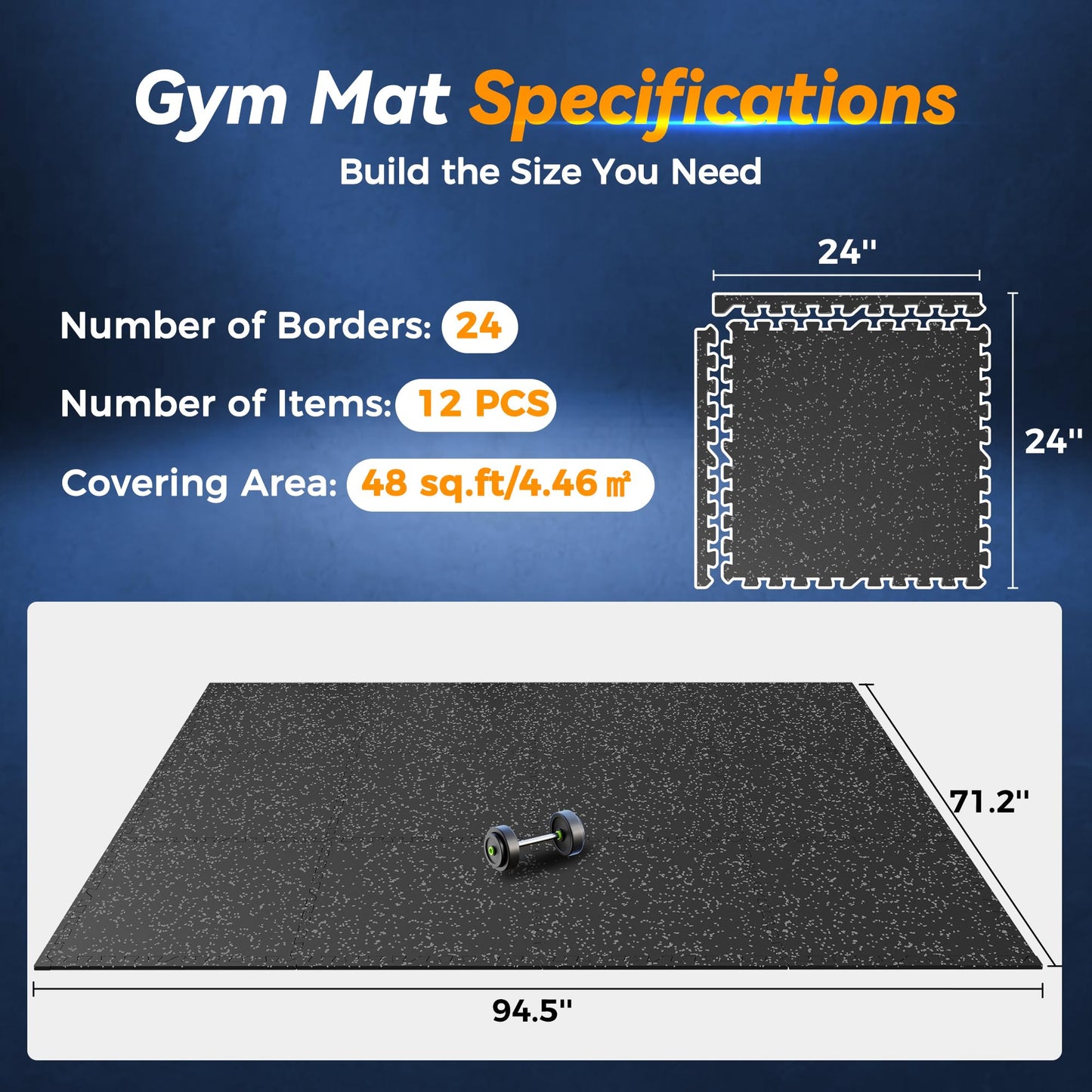 SUPERJARE 1" Extra-Thick Rubber Top Exercise Mat, Puzzle Gym Flooring for Home Gym, Gym Mat for Workout Equipment, Interlocking Floor Tiles with EVA Foam, 12 Pcs 48 Sq Ft, Black/Grey