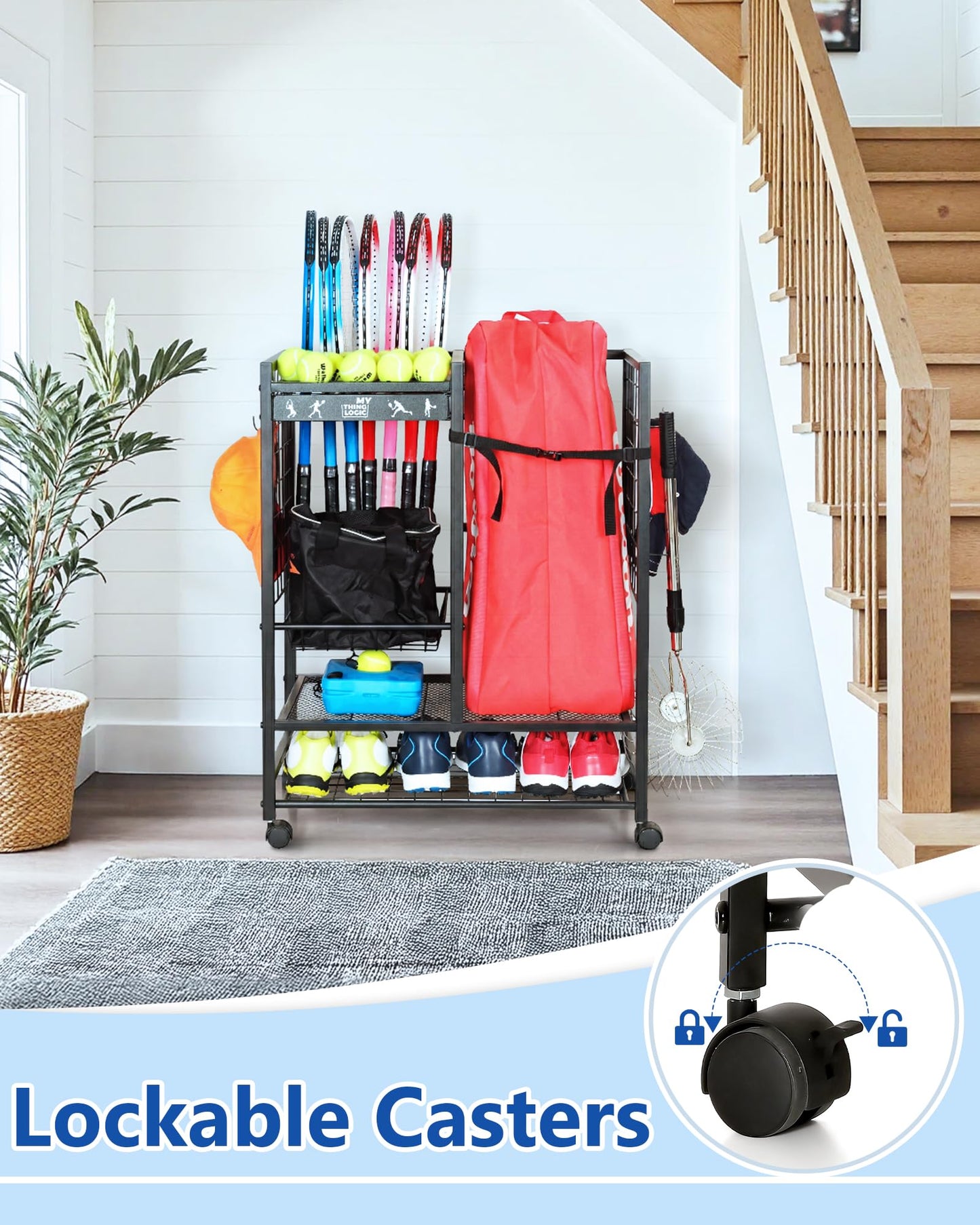 Mythinglogic Tennis Racket Rack, Rolling Storage Rack with Lockable Wheels, Large Capacity Tennis Equipment Storage Organizer for Garage, Club, School