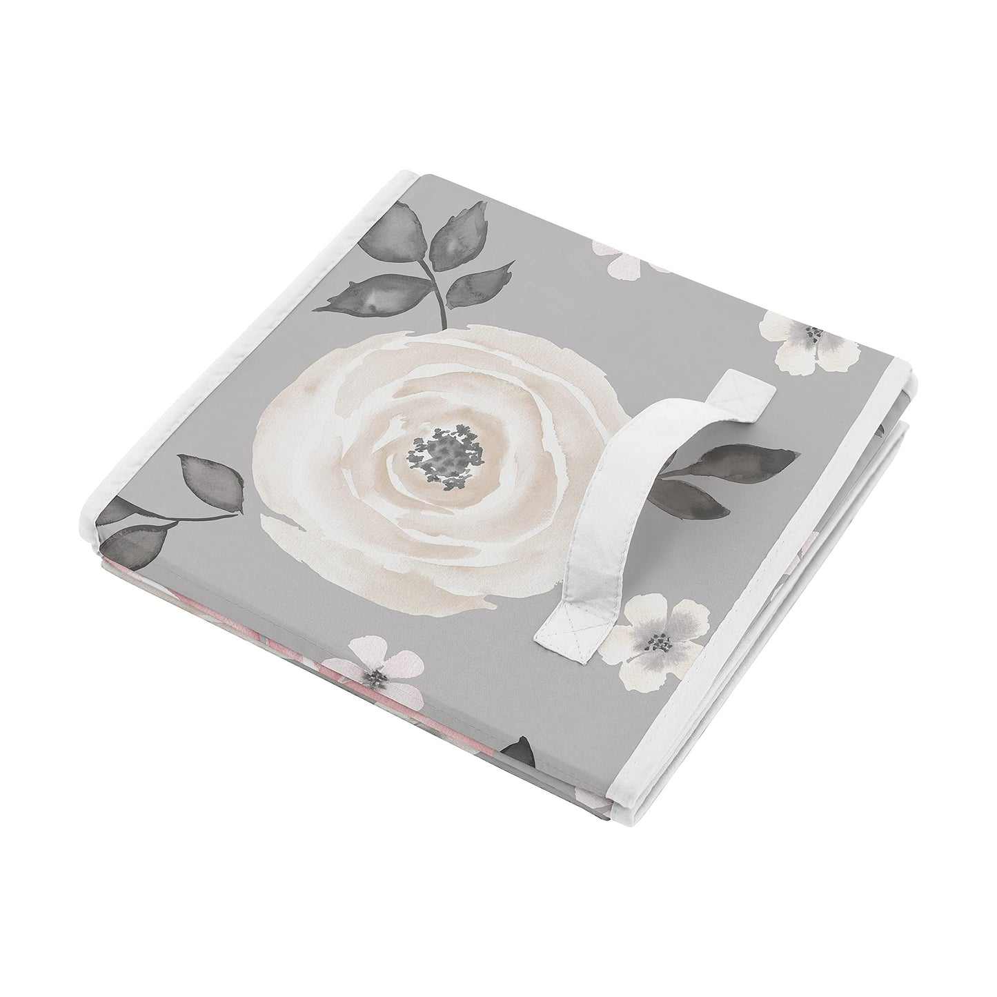 Sweet Jojo Designs Grey Watercolor Floral Foldable Fabric Storage Cube Bins Boxes Organizer Toys Kids Baby Childrens - Set of 2 - Blush Pink Gray and White Shabby Chic Rose Flower Farmhouse