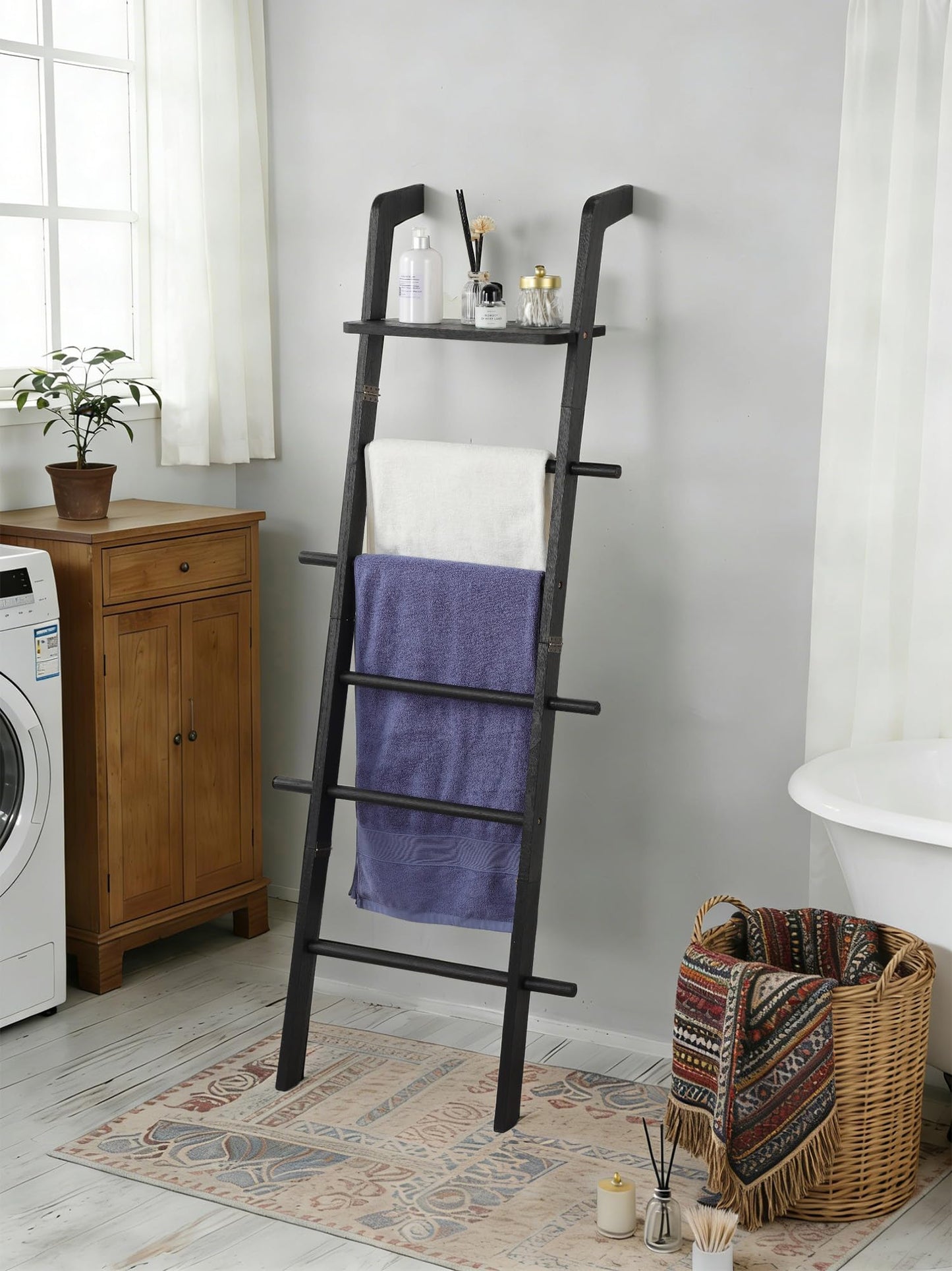 Taozun Minimalist Wood Blanket ladder - Boho Style Wall-leaning Display Towel Rack for Throw Quilt, Standing Ladder Shelf, Blanket Storage for Living Room, Bathroom