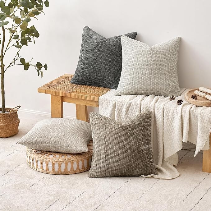 MIULEE Pack of 4 Couch Throw Pillow Covers 26x26 Inch Neutral Soft Decorative Chenille Pillow Covers Farmhouse Boho Accent Cushion Covers for Mid Century Modern Spring Decor Sofa Bedroom Living Room
