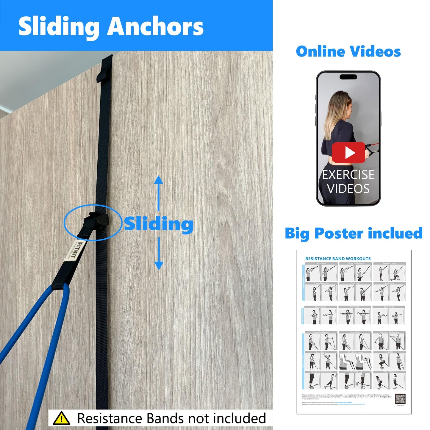 FITKIT Door Sliding Anchor for Resistance Bands, Adjustable Mount with Multi-Points for Home Gym, Fits 6-8ft Doors