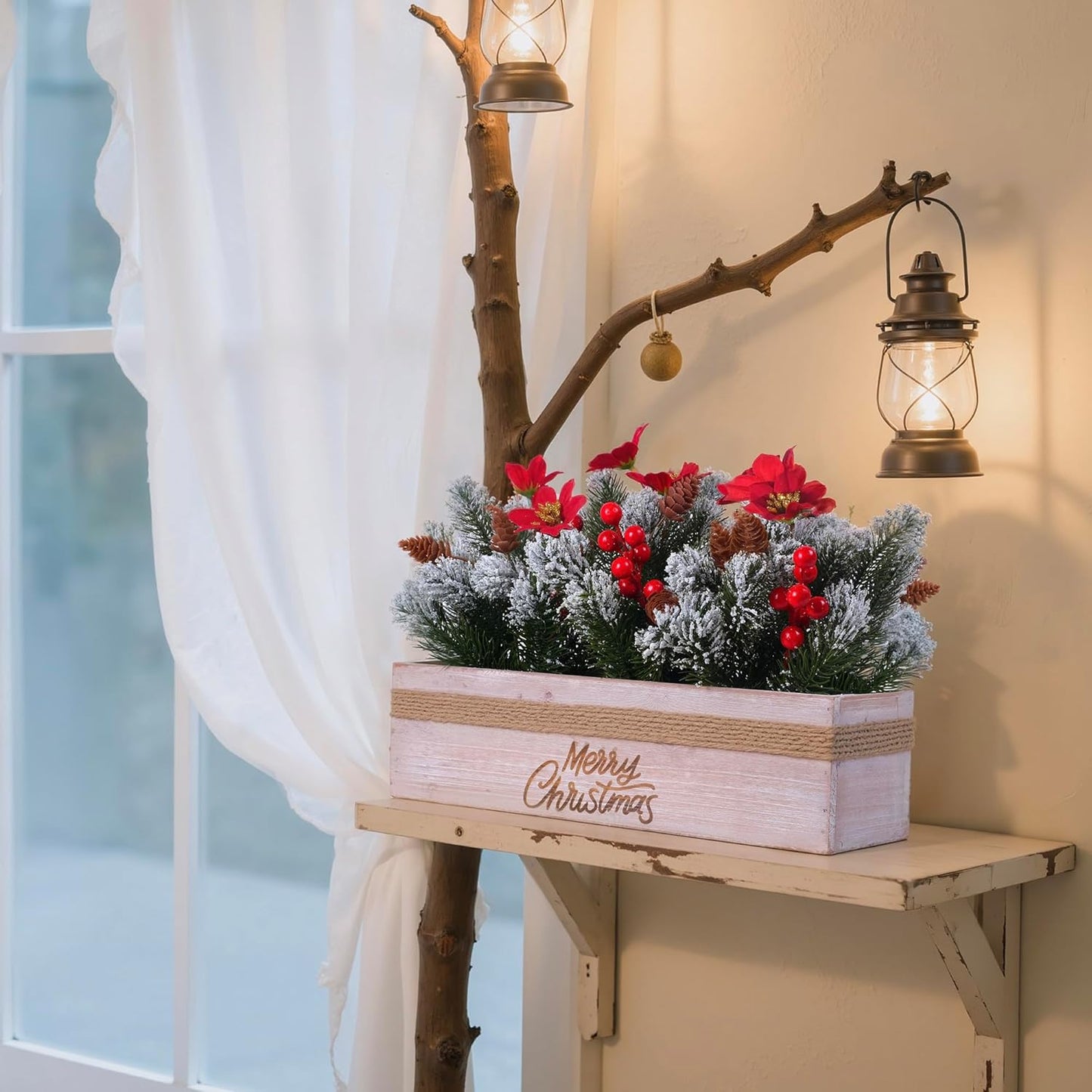 SVENJBB Christmas Table Centerpiece - Red Poinsettias & Snowy Norfolk Pine in Wooden Box | Festive Holiday Decor