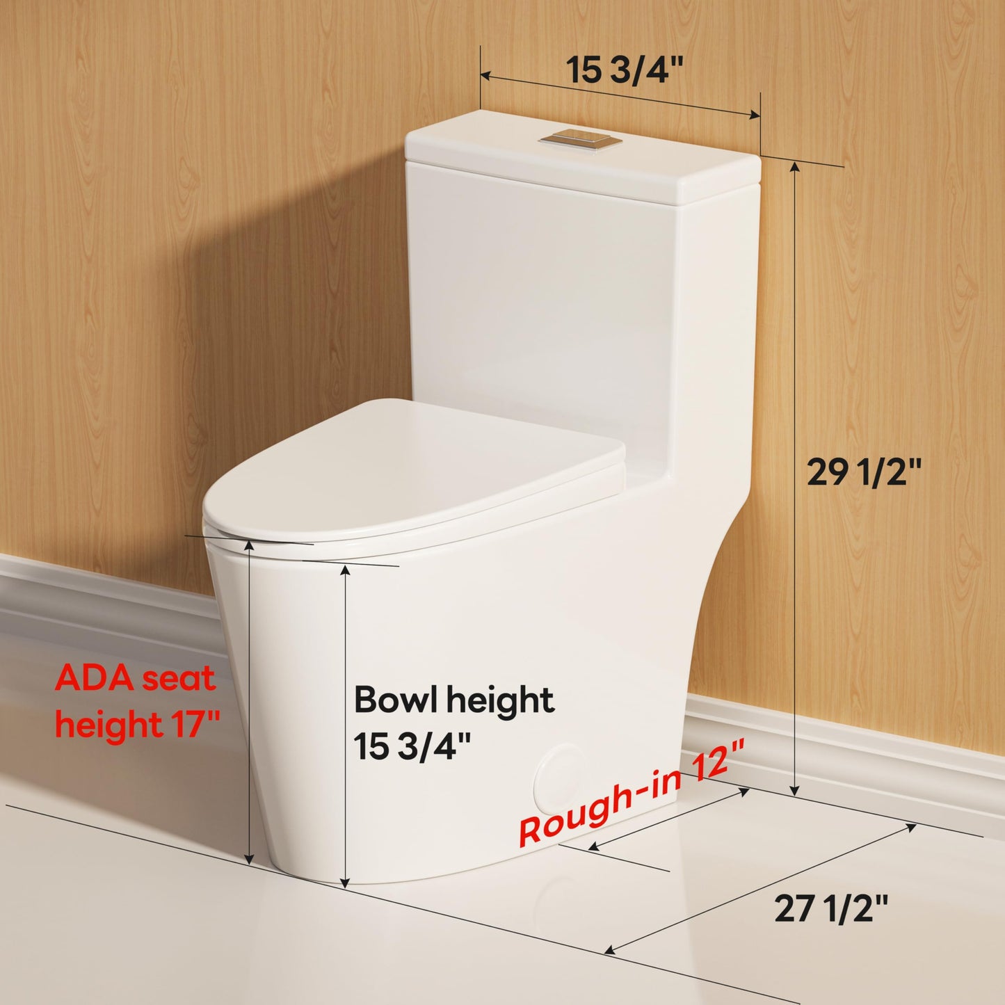 Casta Diva Elongated One Piece Toilet with 17" ADA Comfort Height Seat Modern Compact Toilet for Bathroom, Dual Flush 0.9/1.28GPF and MAP 1000g, 12'' Rough-in, Standard White Bowl